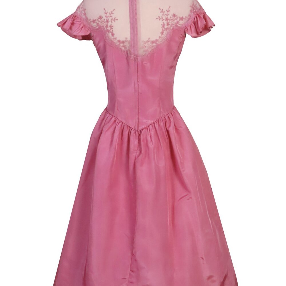 Vintage 70s 80s Pink Ruffle Sleeve Neck Taffeta Prom Gown Party Prom Dress S M - Picture 3 of 14